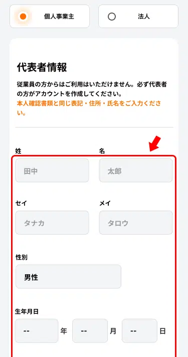 公式FAQの代表者情報入力画面例