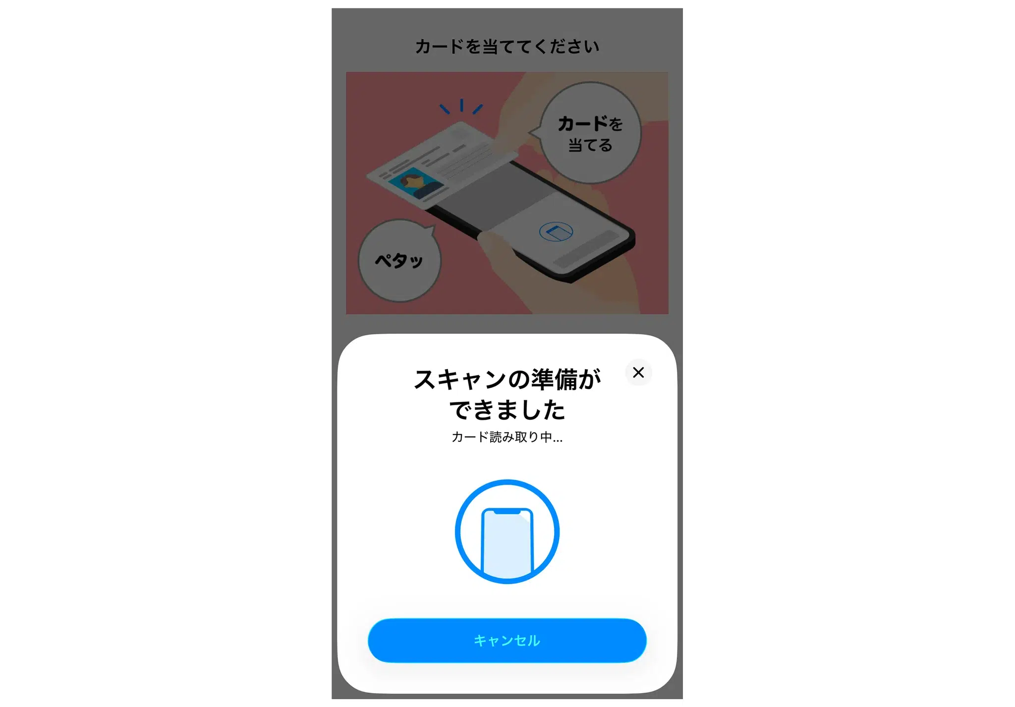 ICチップの読み取り画面。カードをスマートフォンにかざしてスキャンする