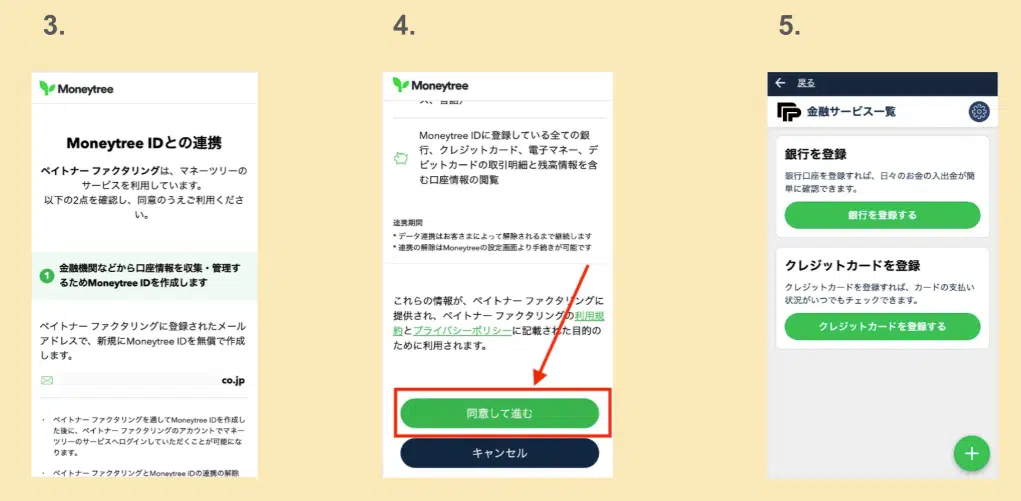 Moneytree IDとの連携画面。内容を確認して「同意して進む」を押すと金融サービス一覧へ進む