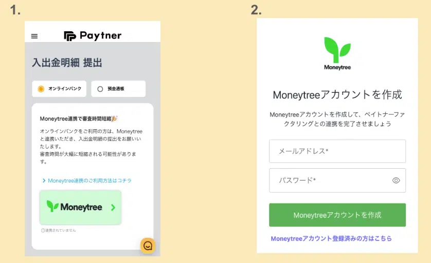 入出金明細提出画面のMoneytreeボタンから進み、メールアドレスとパスワードでMoneytreeアカウントを作成する手順